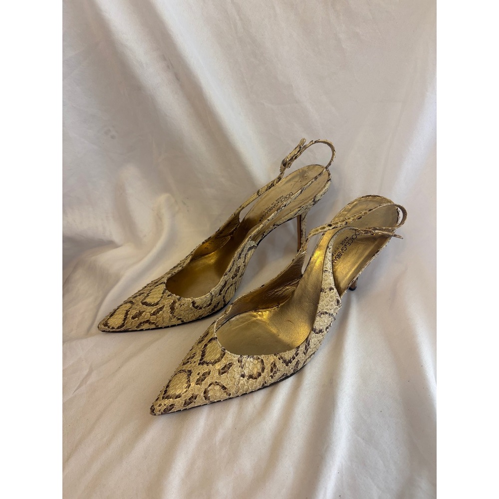 Dolce & Gabbana Snakeskin Slingback Pumps Python Print Pointed Toe Gold Heels 39